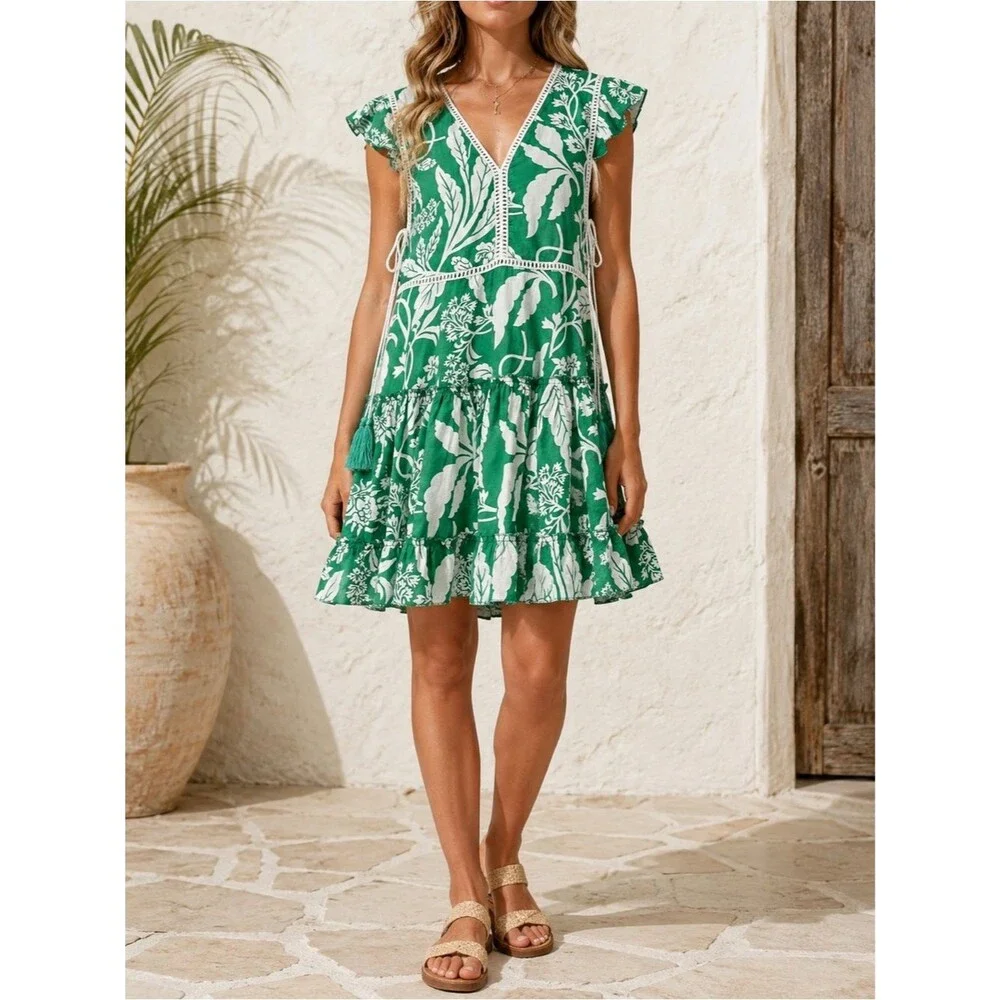 Z&L Europe Green White Floral Print Boho Mini Dress Tassel Tie Cotton Sz Medium